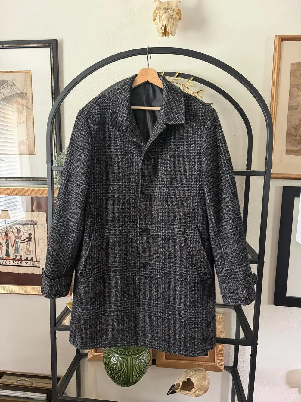 J.Crew Thompson Coat Mens 44 Gray Black Plaid Wool Blend Tweed Overcoat Lined